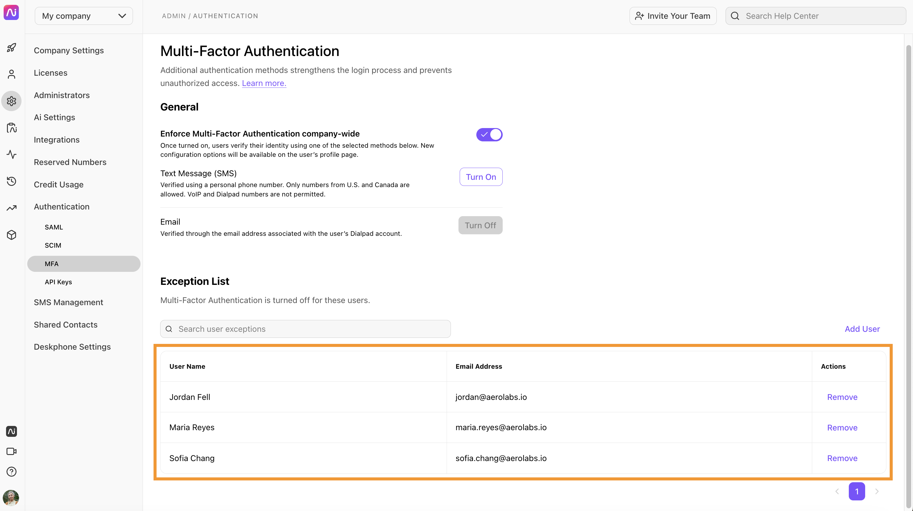 Multi-Factor Authentication settings with exception list for specific users displayed below.